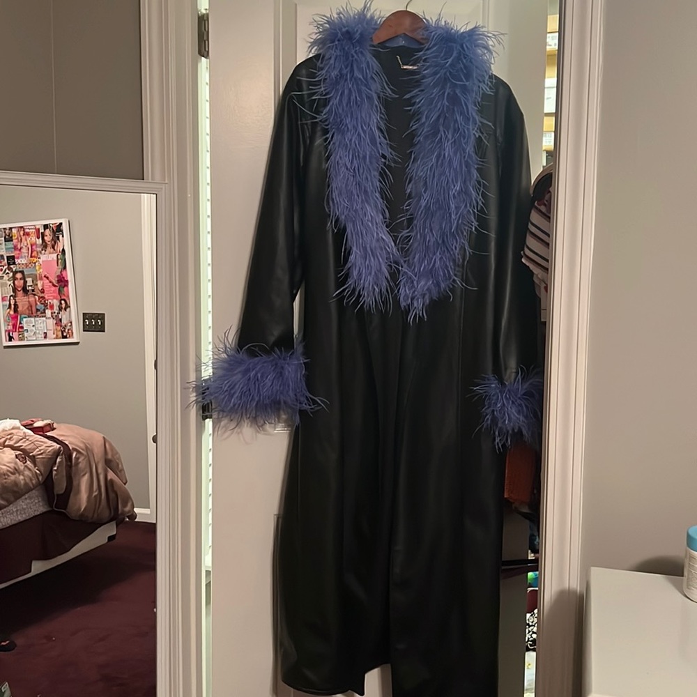 House of CB Vegan Leather Feather Trim Trench Coat